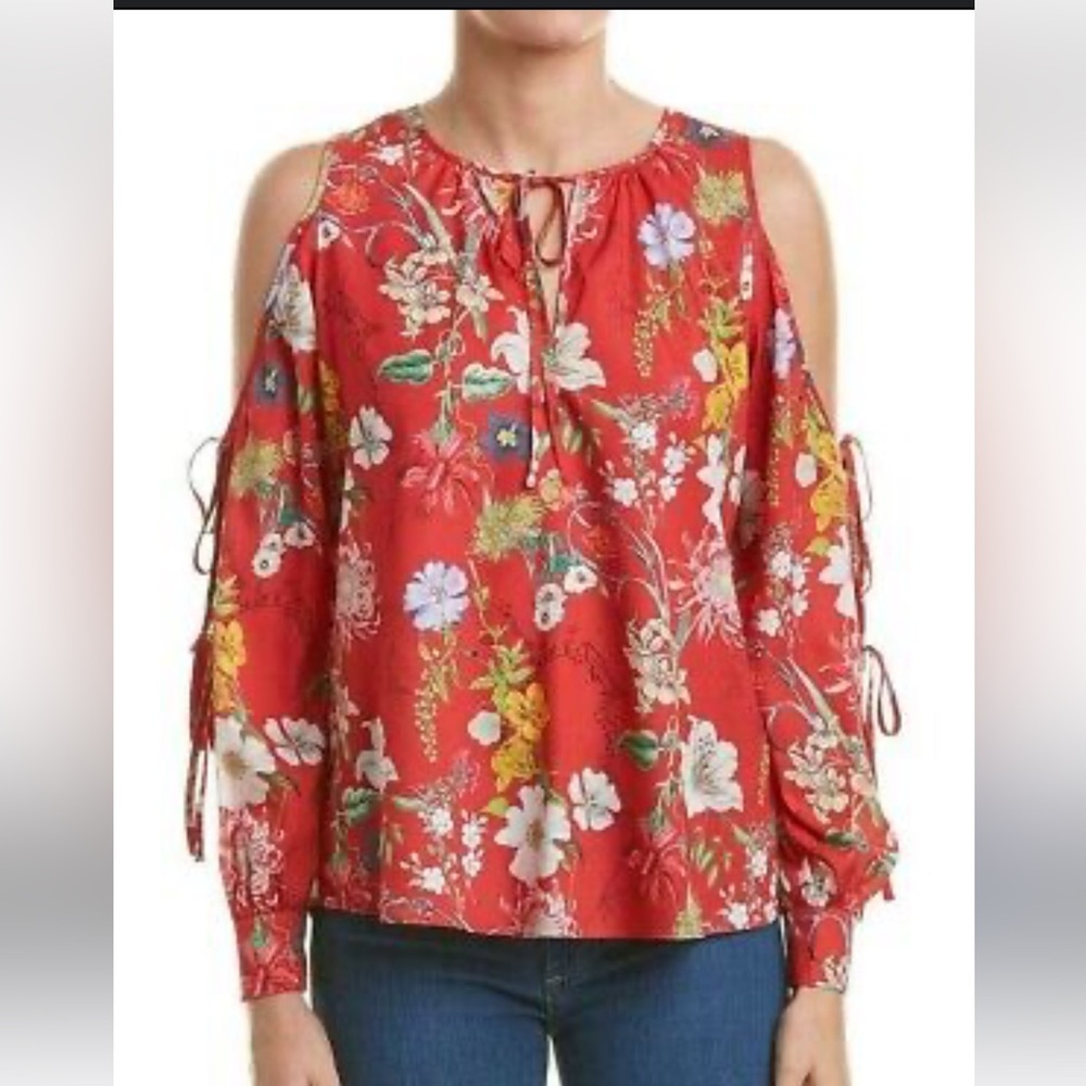 Parker Red Floral Cold Shoulder Tie Sleeve Pullover Blouse XS